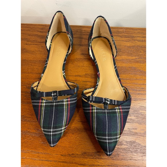 J.Crew Factory Plaid D'Orsay Bow Pointed Flat Shoes Green Blue Holiday Party 6.5 - Picture 1 of 10